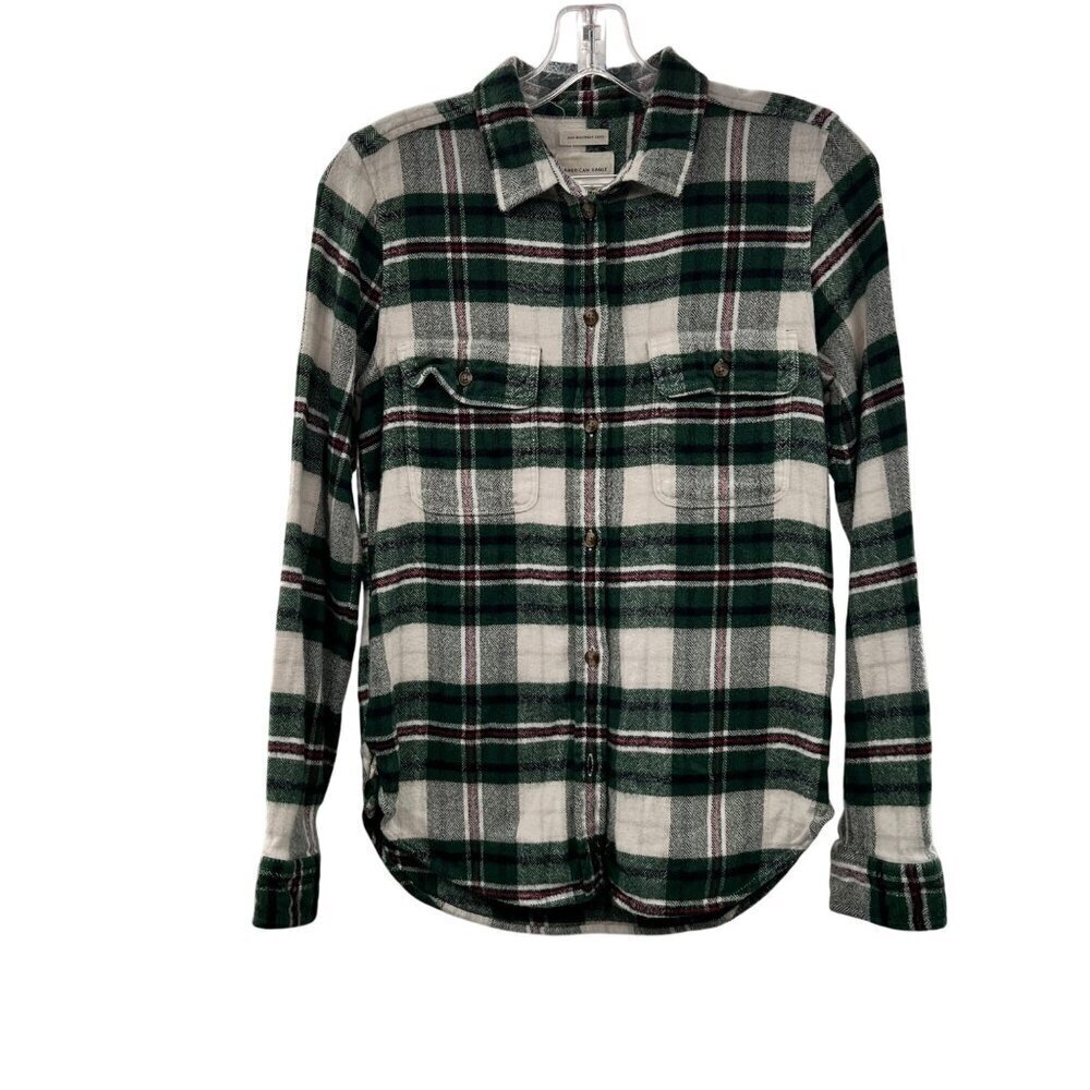 American Eagle Women's Plaid Button Up Flannel Green/Multi Size Small